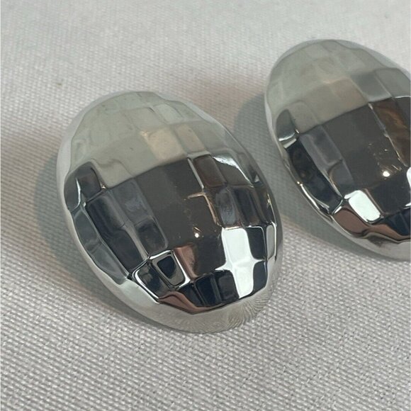 Vintage 80s Silver-Tone Faceted Oval Pierced Earrings Disco Ball Sparkly - Picture 2 of 6